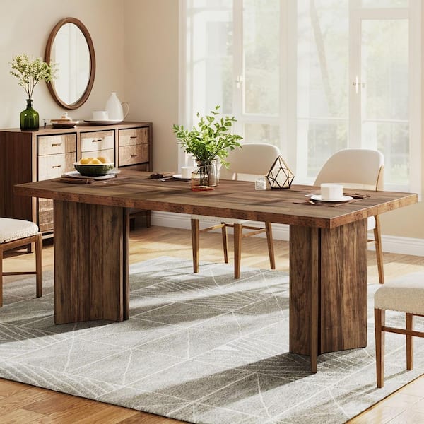 BYBLIGHT Rustic Dark Brown Engineered Wood 63 in. Double Pedestal Rectangular Dining Table Seats 6, Kitchen Table for Dinner