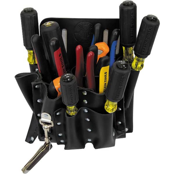 Klein Tools Tool Pouches, 10 Compartments, Black, Leather, Belt Slot, 1/EA