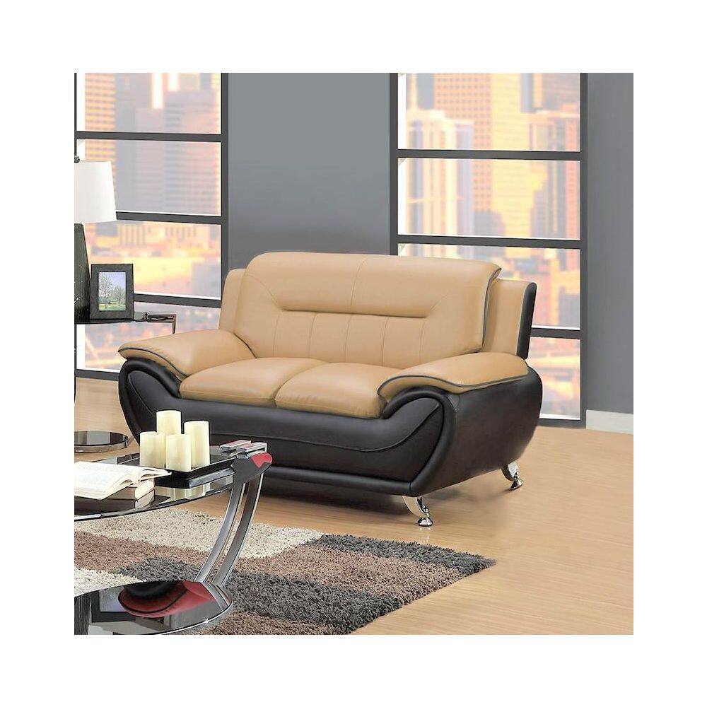 Camel and Black Faux Leather Tufted Loveseat with Pillow Top Arms