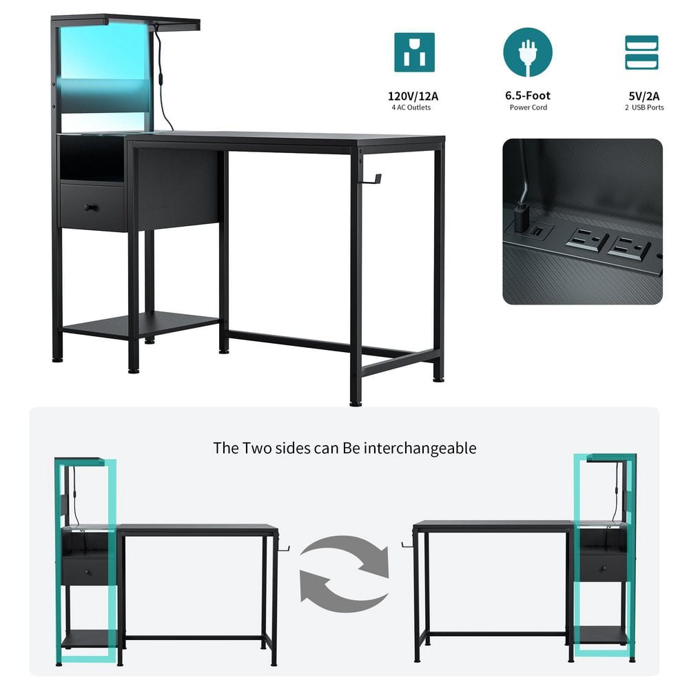 Comparison showing interchangeable side panels for the desk.