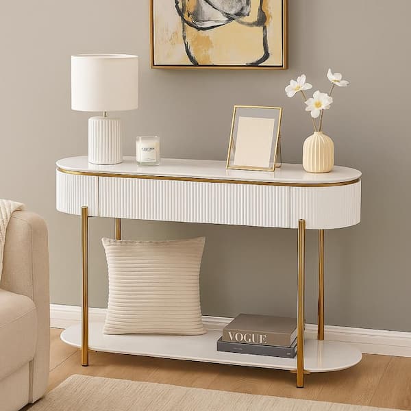 Tyce 47 in. Glossy White and Gold Metal Rectangle Wood Sofa Console Table with Drawer Shelf