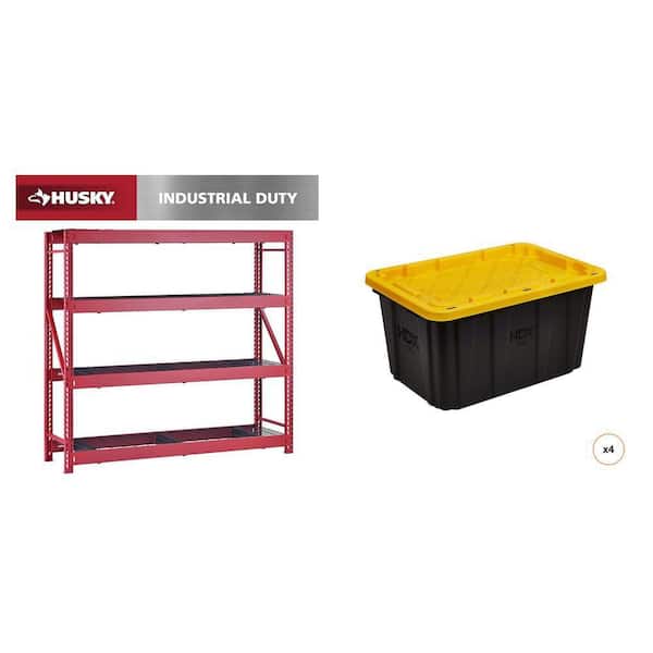 77 in. W x 72 in. H x 24 in. D Red 4-Shelf Metal Shelving Unit, 27 Gal. Black and Yellow Storage Tote (4-Count) Combo