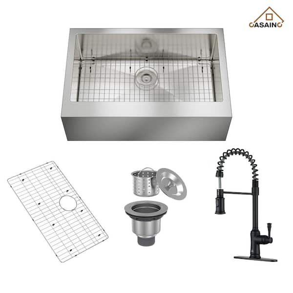 CASAINC All-in-One 33 in. Farmhouse Apron-Front Single Bowl 18 Gauge Stainless Steel Kitchen Sink with Kitchen Faucet