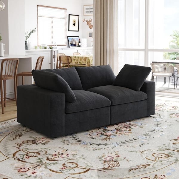 Linen-Like Fabric Modern Adjustable Square Armrest Sofas, Black