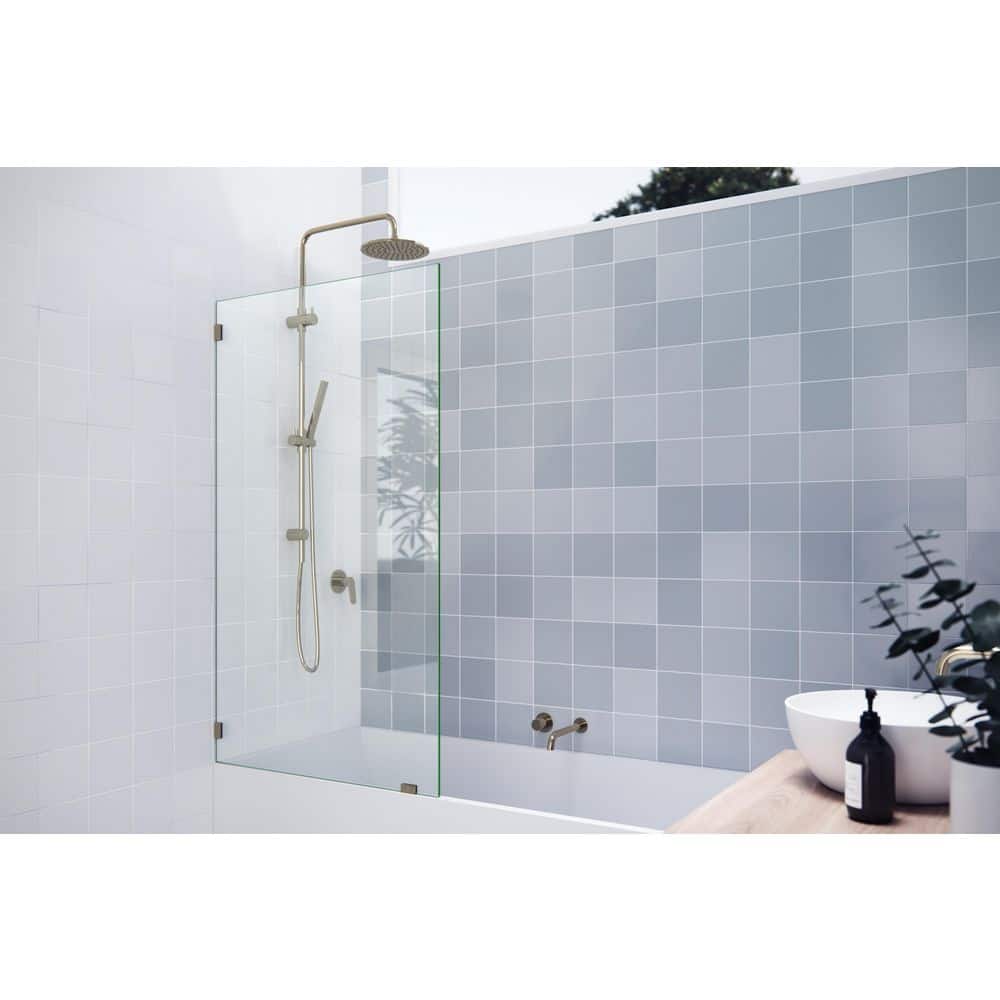 Vela 34 in. W x 58.25 in. H Frameless Fixed Panel Tub Door in Polished Brass with Clear Glass price history on PriceWatchPro