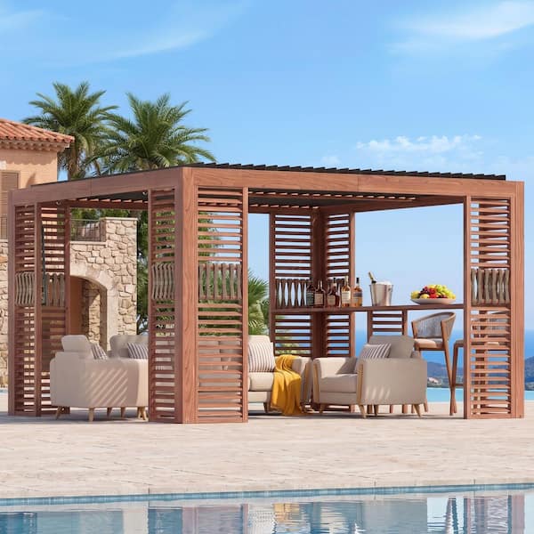 Ultra Series 12 ft. x 12 ft. Heavy Duty Louvered Pergola w/Adjustable Waterproof Roof, Drainage and Bar Set, Wood-Grain
