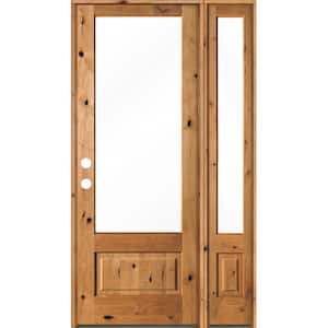 50 in. x 96 in. Farmhouse Knotty Alder Right-Hand/Inswing 3/4 Lite Clear Glass Clear Stain Wood Prehung Front Door w/RSL