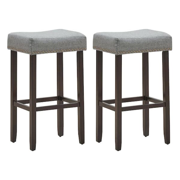 Costway Gray Backless 29 in. Wood Nailhead Saddle Bar Stool with Fabric Seat (Set of 2)