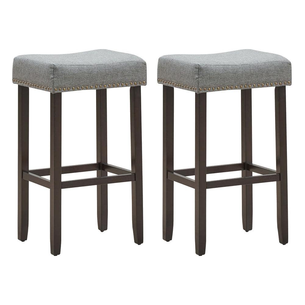 Costway Gray Backless 29 in. Wood Nailhead Saddle Bar Stool with