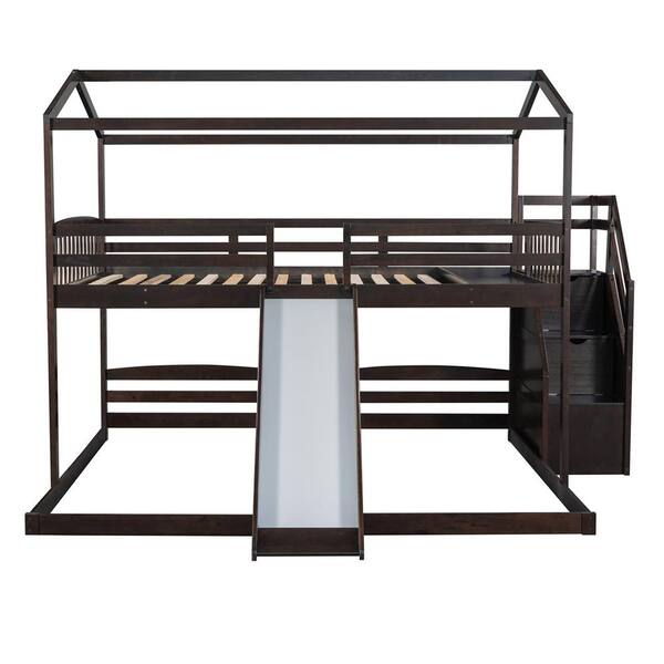 Z-joyee Wood Espresso Twin Bunk Bed with Slide and Storage Staircase ...