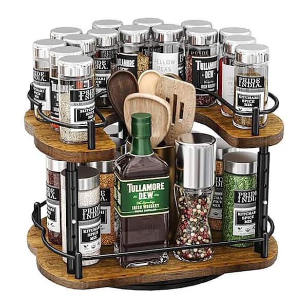 2 Tier Black Cabinet Adjustable Lazy Susan Organizer Rotating D Shape Wood Spice Rack for Pantry Kitchen