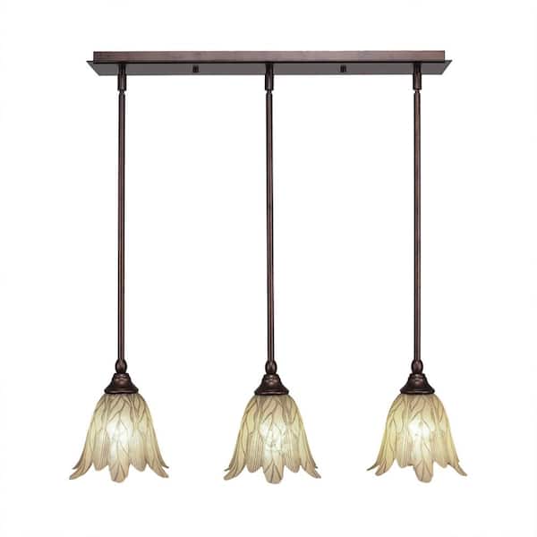 Unbranded Livingston 100-Watt 3 Light Bronze, Linear Pendant Light with 7 in. Vanilla Leaf Glass Shades No Bulbs Included