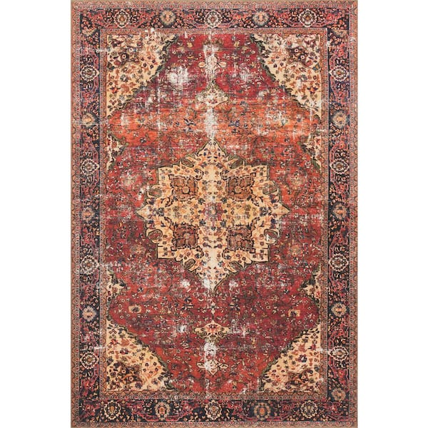 LOLOI II Loren Red/Navy 3 ft. 6 in. x 5 ft. 6 in. Distressed Bohemian Printed Area Rug