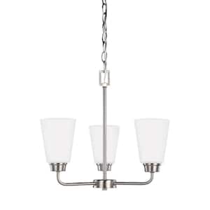 Kerrville 3-Light Brushed Nickel Traditional Transitional Single Tier Hanging Chandelier with Satin Etched Glass Shades
