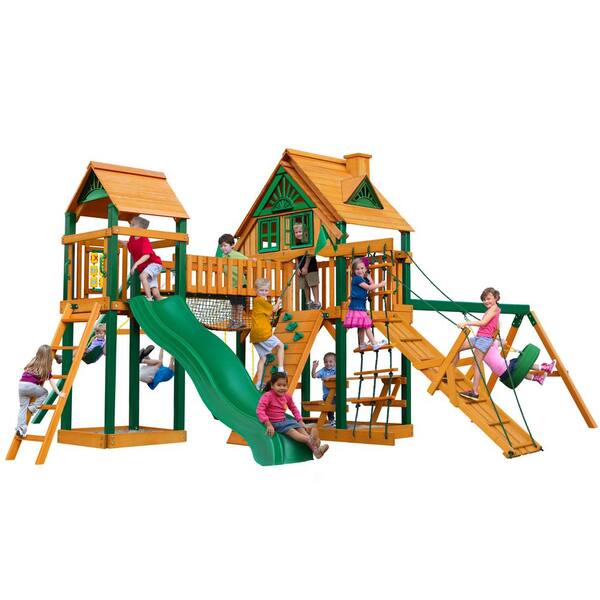 Gorilla Playsets Pioneer Peak Treehouse Wooden Swing Set with Timber ShieldPosts, Tire Swing, and Clatter Bridge and Tower
