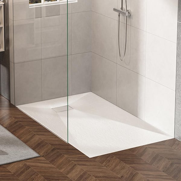 60 in L x 36 in W Threshold-Free Alcove Shower Pan Base w/ Stainless Steel and PV Drain Voard, Wheel Chair Access White
