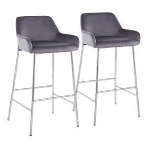 Daniella 38 in. Fixed Height Silver Velvet and Chrome Bar Stool (Set of 2)