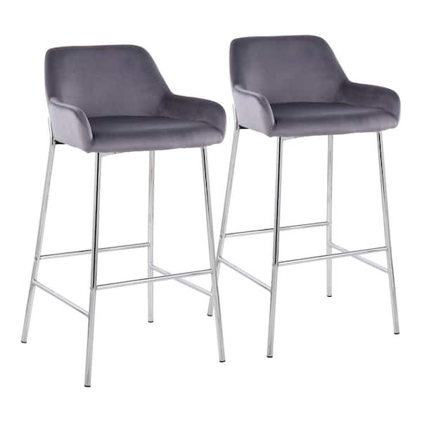 Lumisource Daniella 38 in. Fixed Height Silver Velvet and Chrome Bar Stool (Set of 2)