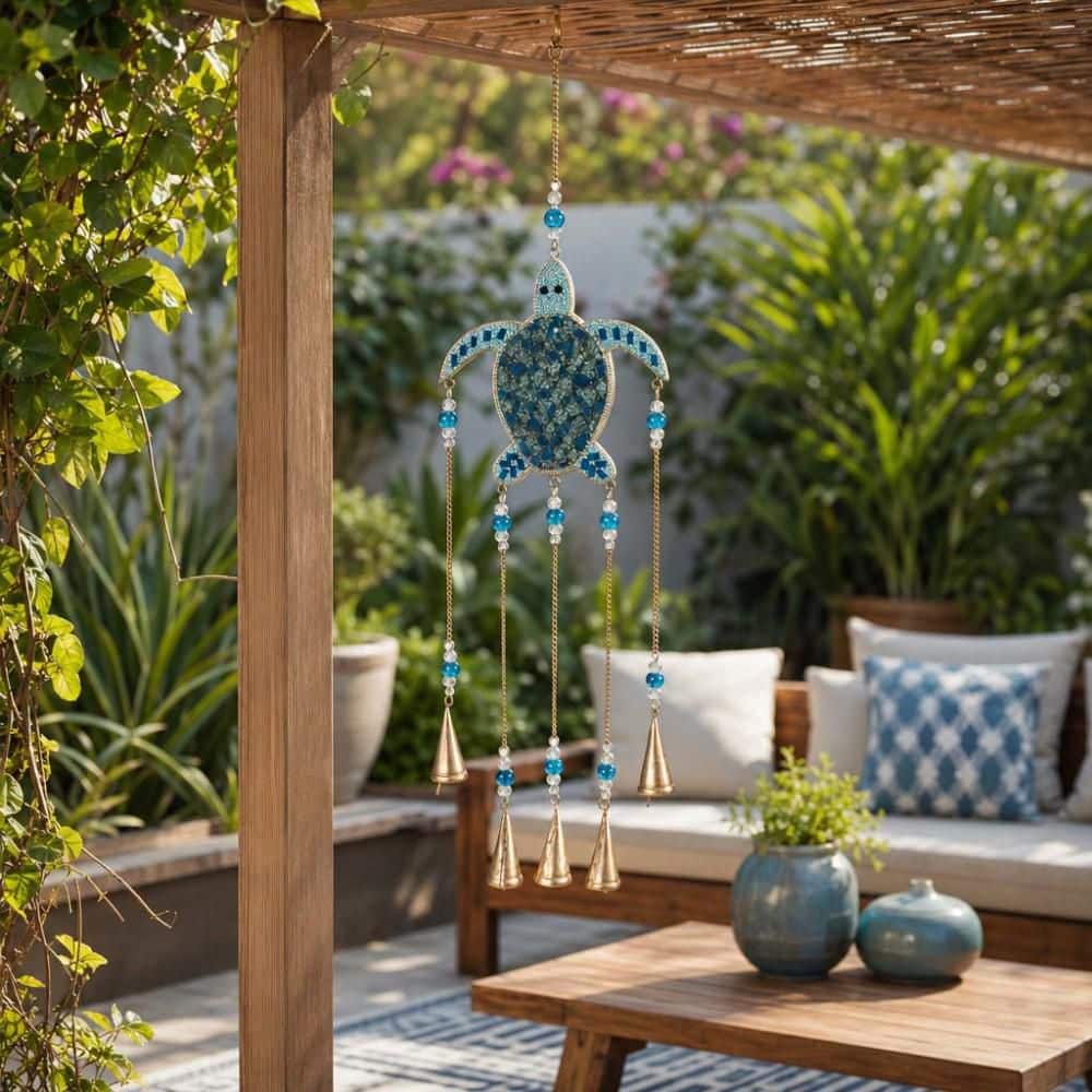31 in. Blue/Gold Metal Mosaic Turtle Hanging Wind Chime with Bells price history on PriceWatchPro