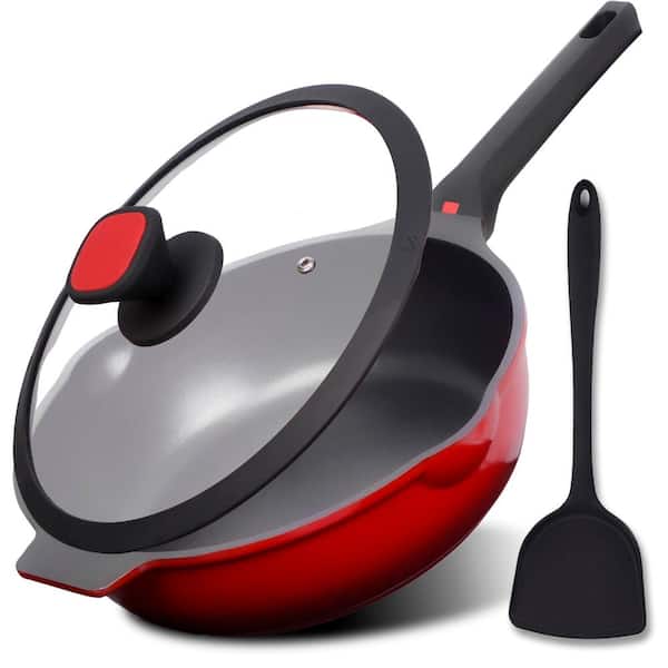 12 Inch Deep Nonstick Frying Pan Skillet with Lid and Spatula, 5.5 Qt Cast Aluminum Saute Pan, Ruby Red