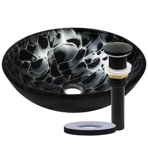 Tartaruga Glass Vessel Sink in Hand Painted Black with Drain and Assembly in Matte Black