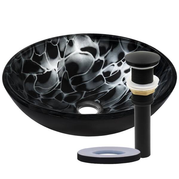 Novatto Tartaruga Glass Vessel Sink in Hand Painted Black with Drain and Assembly in Matte Black