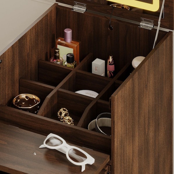 FUFU&GAGA Walnut Brown Makeup Vanity Desk Wood Dressing Table With Flip-Top LED Mirror, Drawers, Wheels, 9-Grid Organizer Design KF520080-01