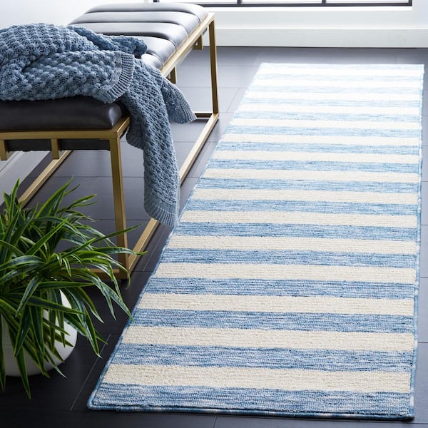 Easy Care 2 ft. x 10 ft. Light Blue/Ivory Machine Washable Striped Marle Runner Rug