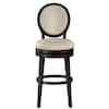Front view of a round wood bar stool.