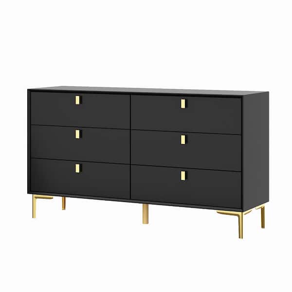 FUFU&GAGA Black 6-Drawers, 55.1 in. Width, Wooden Chest of Drawers, Dresser, without Mirror for Bedroom, Livingroom