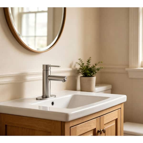 Single Handle Single Hole Bathroom Sink Faucet with Deck Plate in Spot Resistant Brushed Nickel