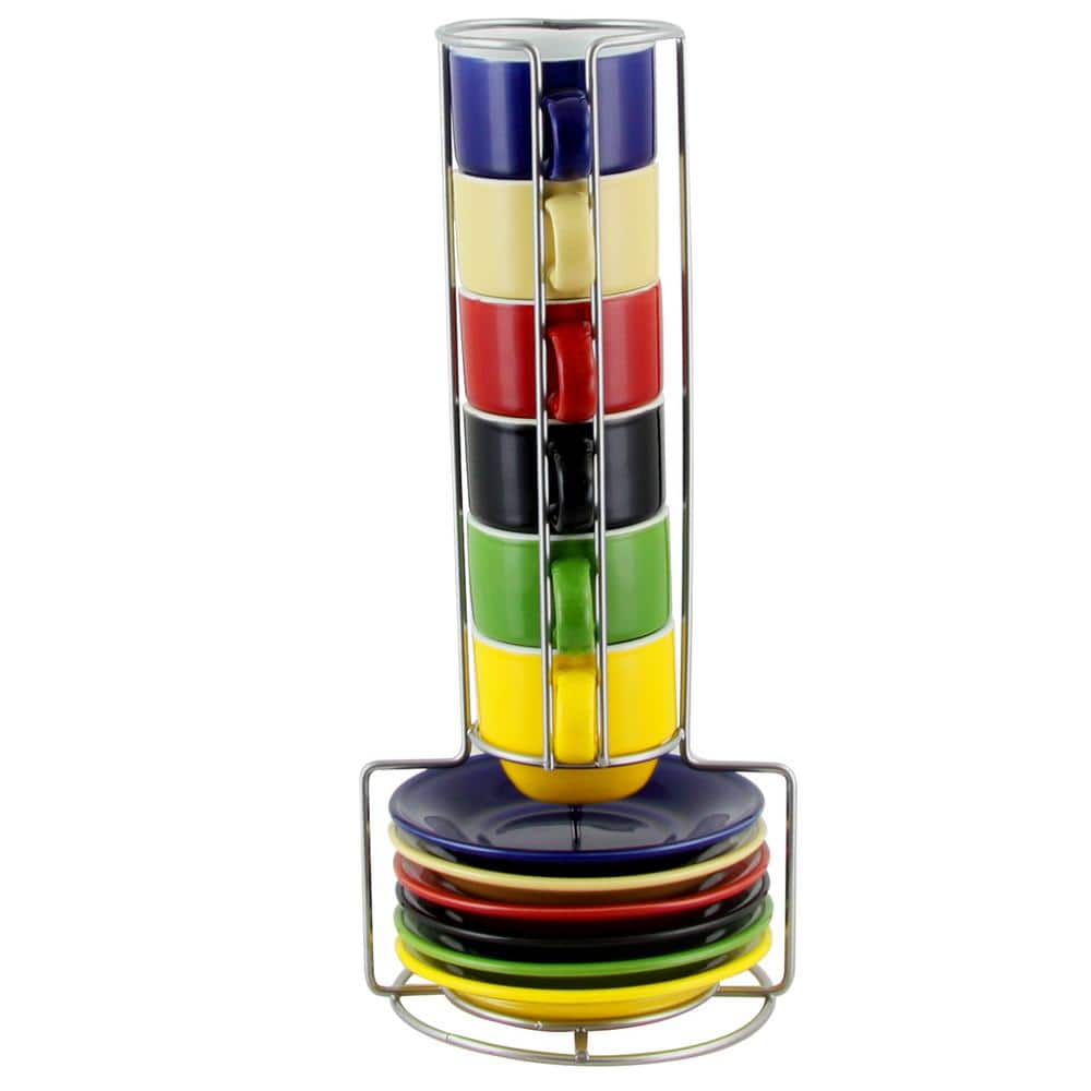 Multicolor Ceramic Espresso Cup and Saucer Set with Metal Rack