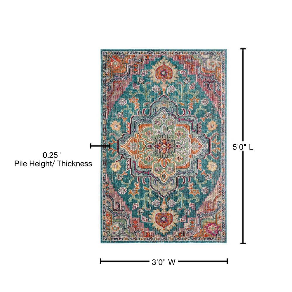Teal Rose Floral Elegance Round Rug - Synthetic, Stain-Resistant