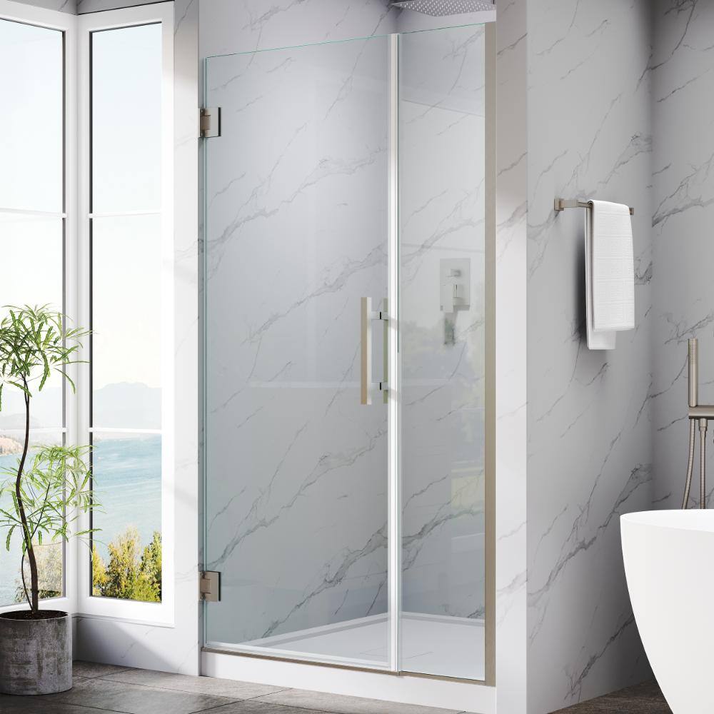 "40-41 in. W x 72 in. H Pivot Hinged Frameless Shower Door in Brushed Nickel with 3/8"" SGCC Clear Tempered Glass" price history on PriceWatchPro