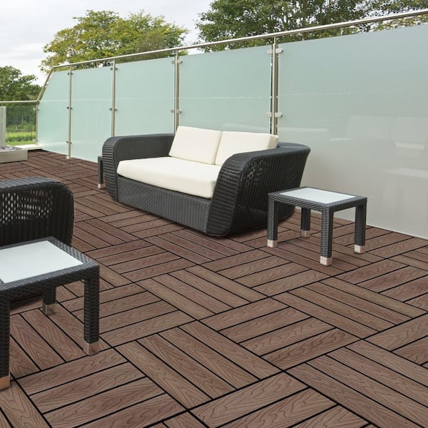 LH EP 12 in. x 12 in. WPC Composite Interlocking Flooring Deck Tiles with Parallel Design in Espresso (Pack of 11 Tiles)