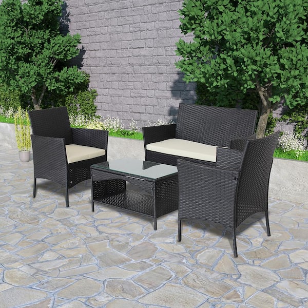 Tunearary Garden 4-Piece Black Wicker Outdoor Conversation Set with Beige Cushions