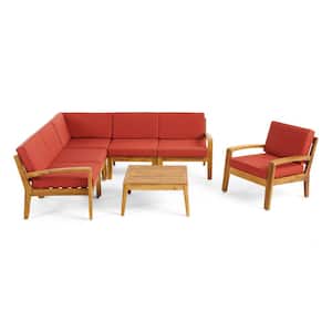 Grenada Teak Brown 7-Piece Wood Outdoor Patio Conversation Set with Red Cushions