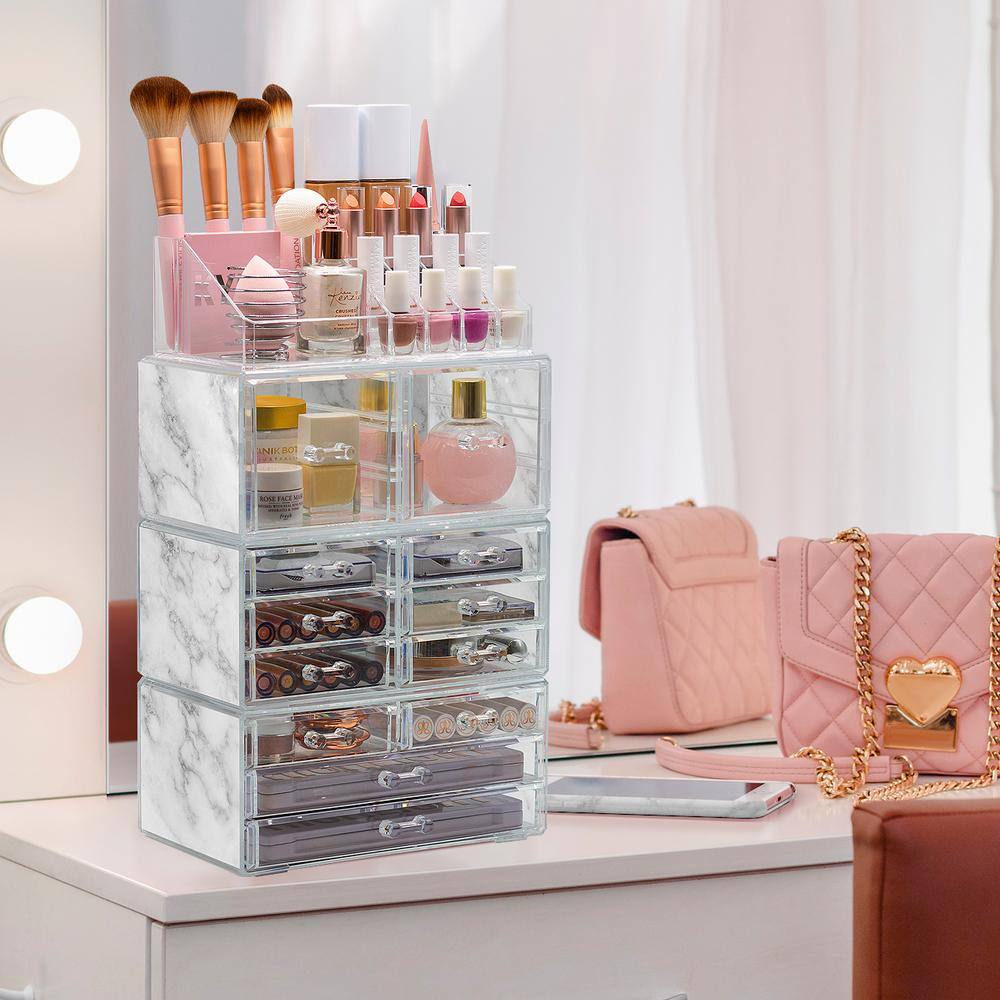 Marble and Clear Acrylic 12-Drawer Makeup Organizer Tower