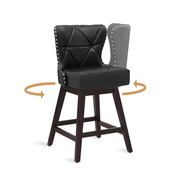 Zola 26 in. Black Wood Frame Swivel Bar Stool Faux Leather Upholstered Counter Bar Stool (Set of 2)