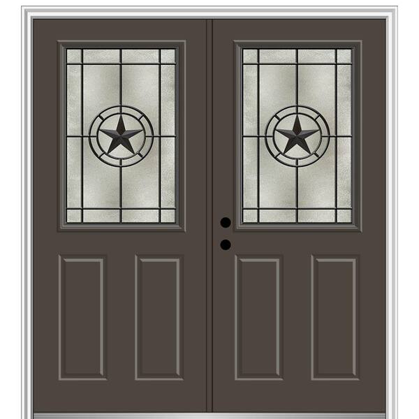 MMI Door Elegant Star 72 in. x 80 in. 2-Panel Right-Hand 1/2 Lite Decorative Glass Brown Painted Fiberglass Prehung Front Door