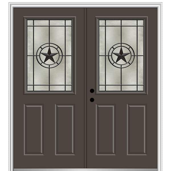 MMI Door Elegant Star 72 in. x 80 in. 2-Panel Right-Hand 1/2 Lite Decorative Glass Brown Painted Fiberglass Prehung Front Door