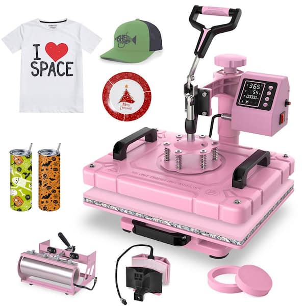 5 in 1 Pink T-Shirt Heat Press Machine 12x15 Inch 360° Swing Away Digital with 30 oz. Tumbler Attachment