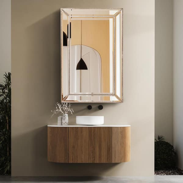 Head West 30 in. W x 18 in. H Champagne Silver Metro Beaded Glass Framed Vanity Mirror