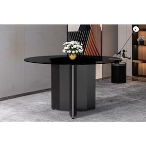 Zevro Mid-Century Modern Black Glass Top 60 in. Pedestal Dining Table Seats 6