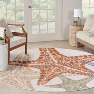 Aloha Ivory Multicolor 5 ft. x 5 ft. Nature-inspired Contemporary Round Indoor/Outdoor Area Rug