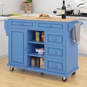 Rolling Blue Rubber Wood Desktop 53 in. Kitchen Island with Adjust Shelves and Wheels