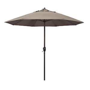 9 ft. Bronze Aluminum Pole Market Aluminum Ribs Auto Tilt Crank Lift Patio Umbrella in Taupe Sunbrella