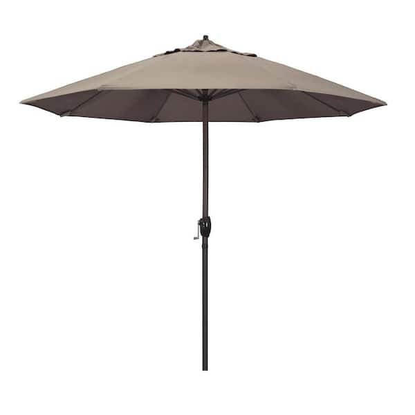 California Umbrella 9 ft. Bronze Aluminum Pole Market Aluminum Ribs Auto Tilt Crank Lift Patio Umbrella in Taupe Sunbrella