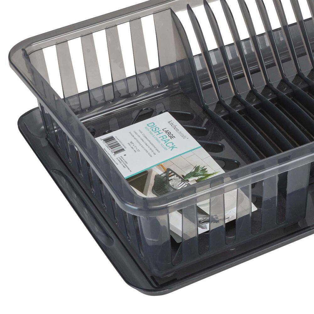 Smoke Gray Plastic Dish Rack with Utensil Cup and Tray