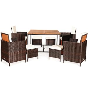 9-Piece Wood Outdoor Dining Set Conversation Furniture with White Removable Cushions